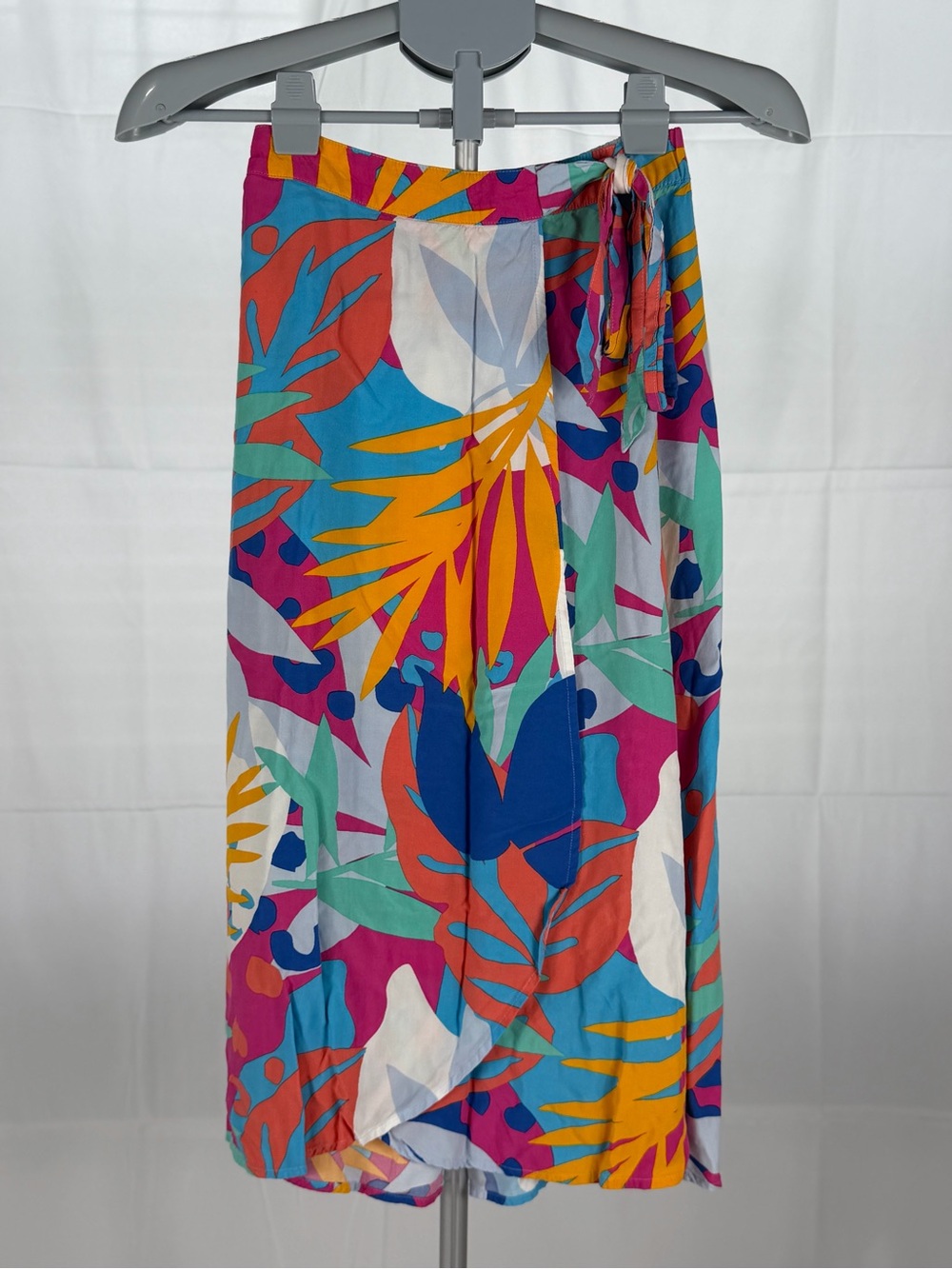 J.Crew Tropical Leaf Print‎ Faux Wrap Midi Skirt Multi XXS Elastic Back Tie Side